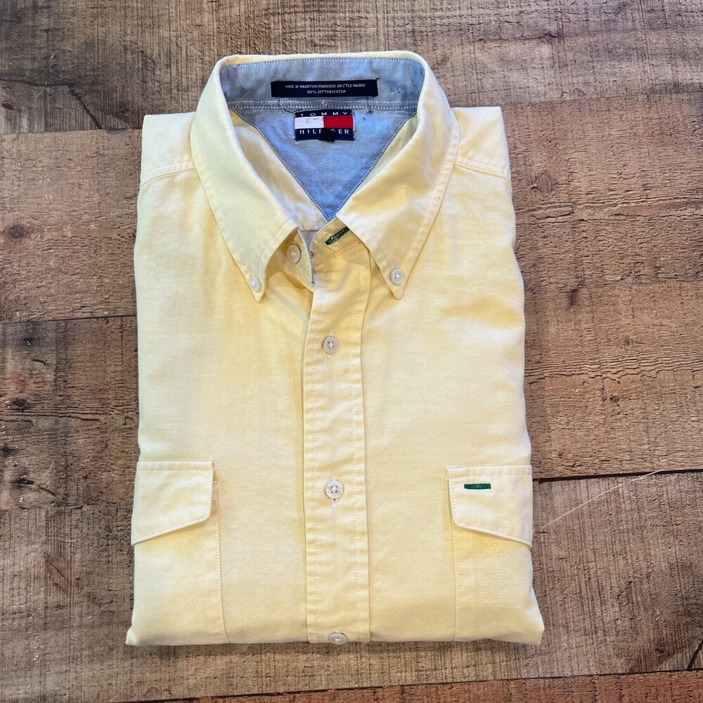 Tommy Hilfiger Yellow Oxford Cloth Button Front Shirt Cargo Pockets Cotton